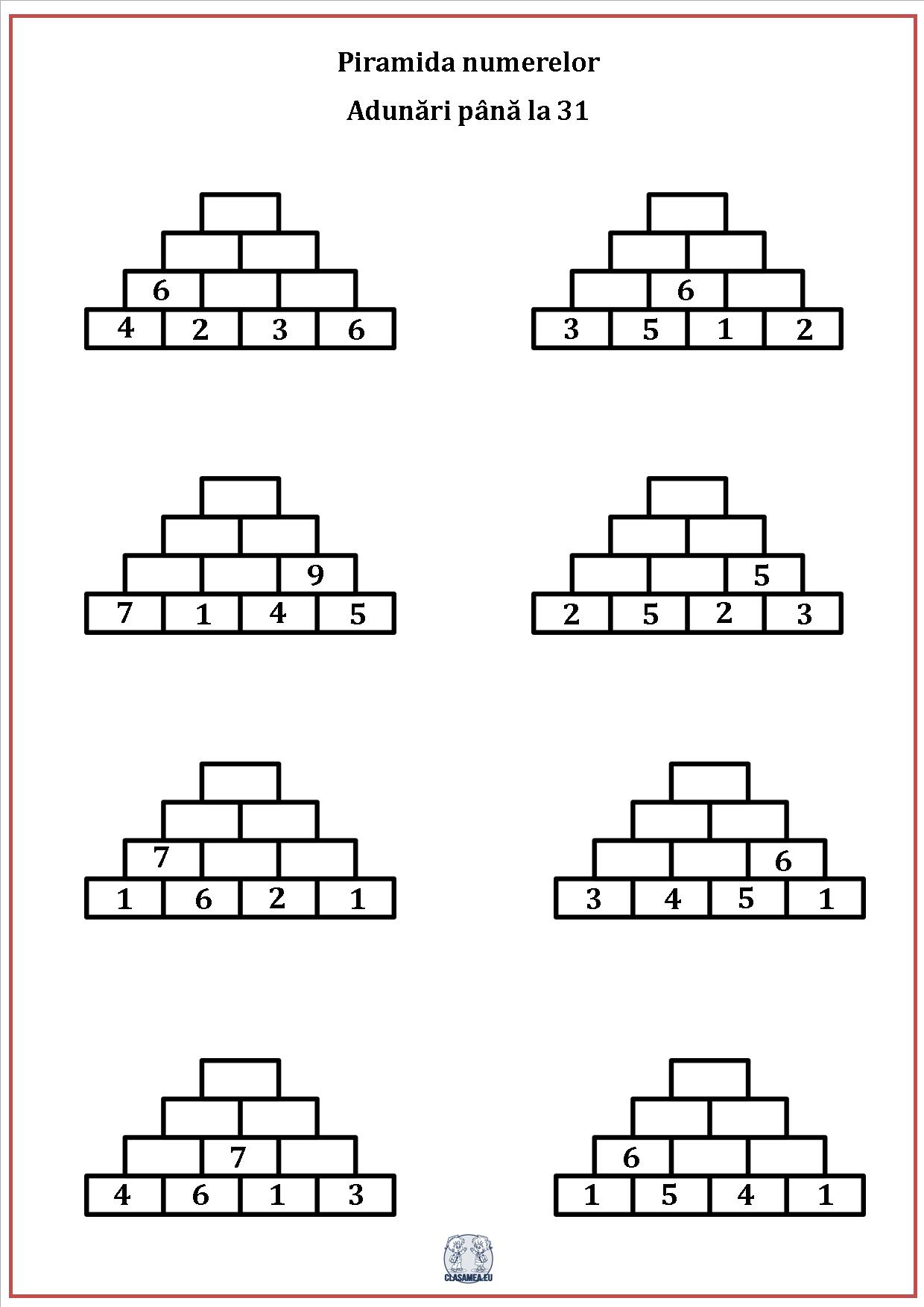 Piramida numerelor - Adunarea numerelor până la 31