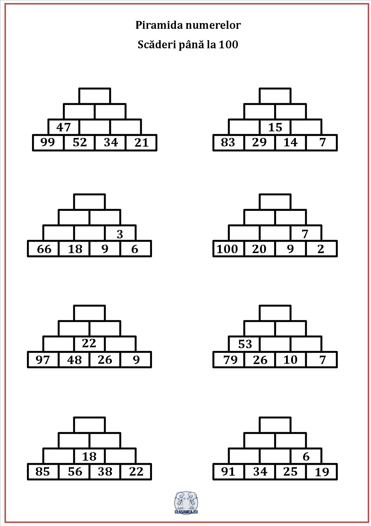 Piramida numerelor - Scăderi până la 100
