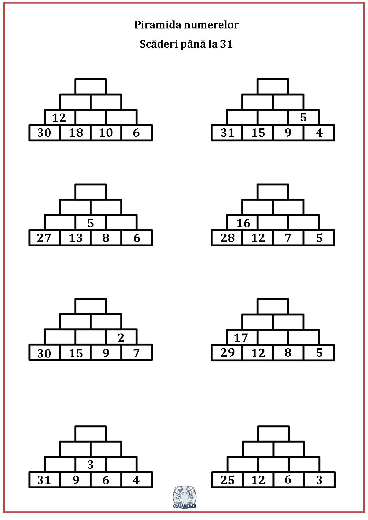 Piramida numerelor - Scăderea numerelor până la 31